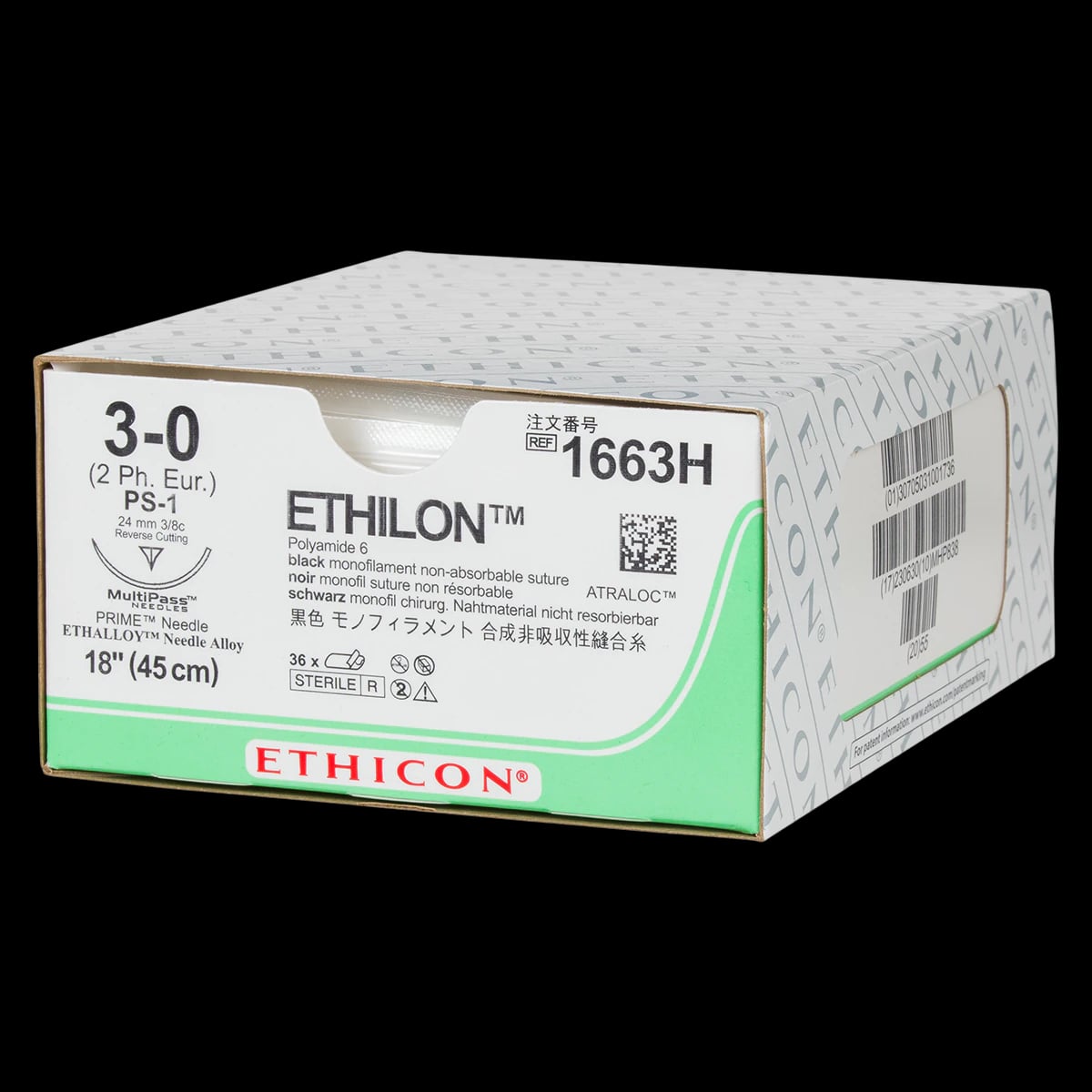 Ethilon Nylon Monofilament Non-Absorbable Suture, 3-0, 18", PS-1 Reverse Cutting 3/8 Circle Needle, Black, 36/Box, 1663H