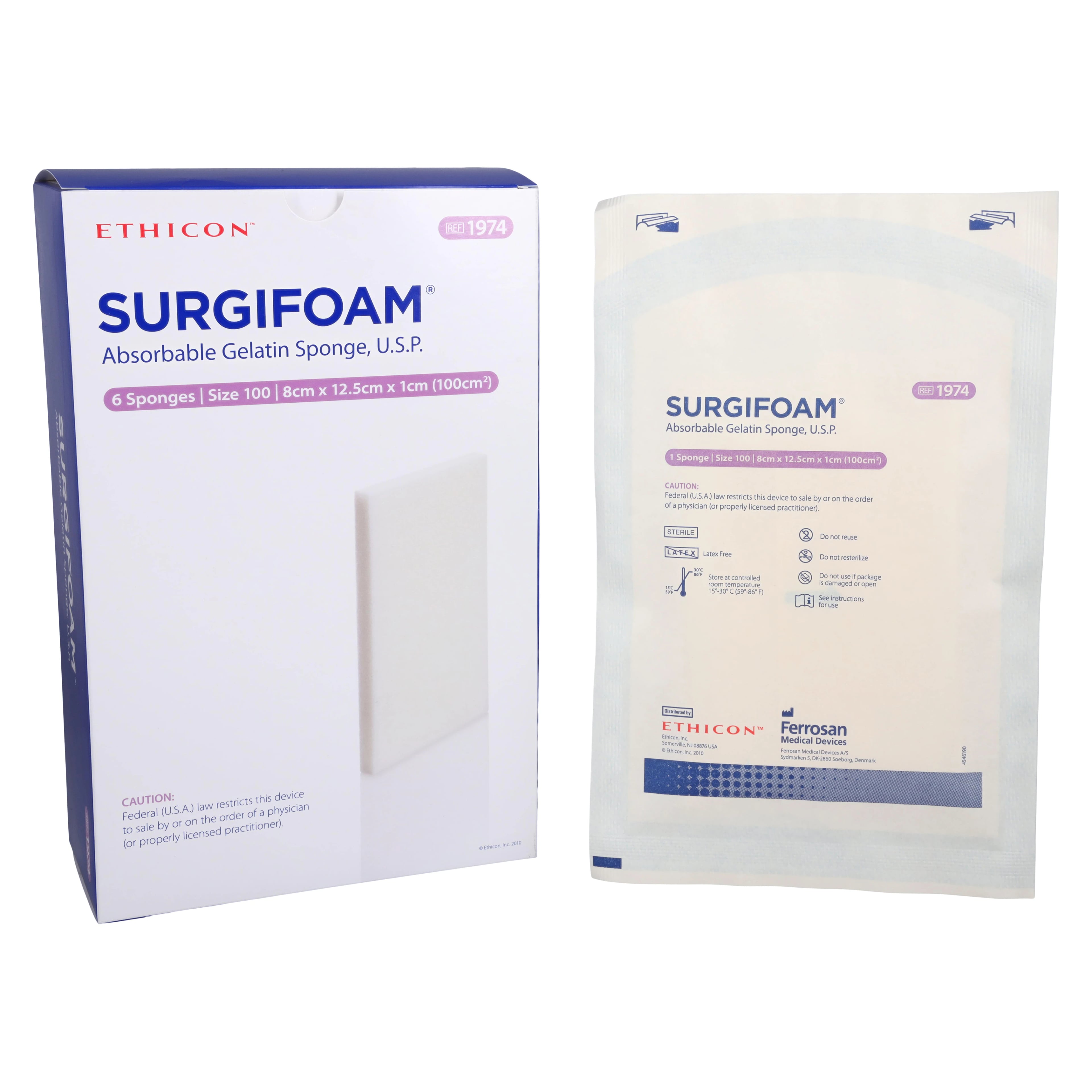 Ethicon Surgifoam Absorbable Gelatin Sponge, 8cm x 12.5cm x 10mm, Sterile, 6/Box, 1974