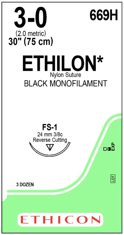 Ethicon Ethilon Nylon Sutures 3-0, 30" Black Monofilament, Reverse Cutting FS-1 Needle, 3/8 Circle, 36/Box, 669H