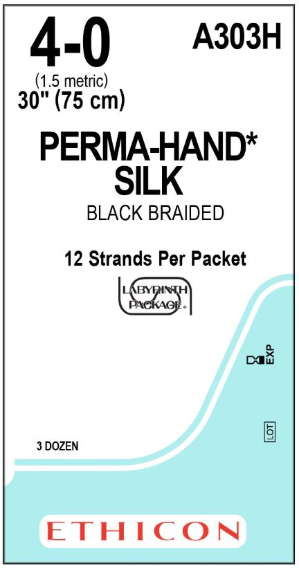 Ethicon PERMA-HAND Silk Suture, A303H, Size 4-0, 12-30", Black Braided, Non-Absorbable, Sutupak Pre-Cut, 36/Box