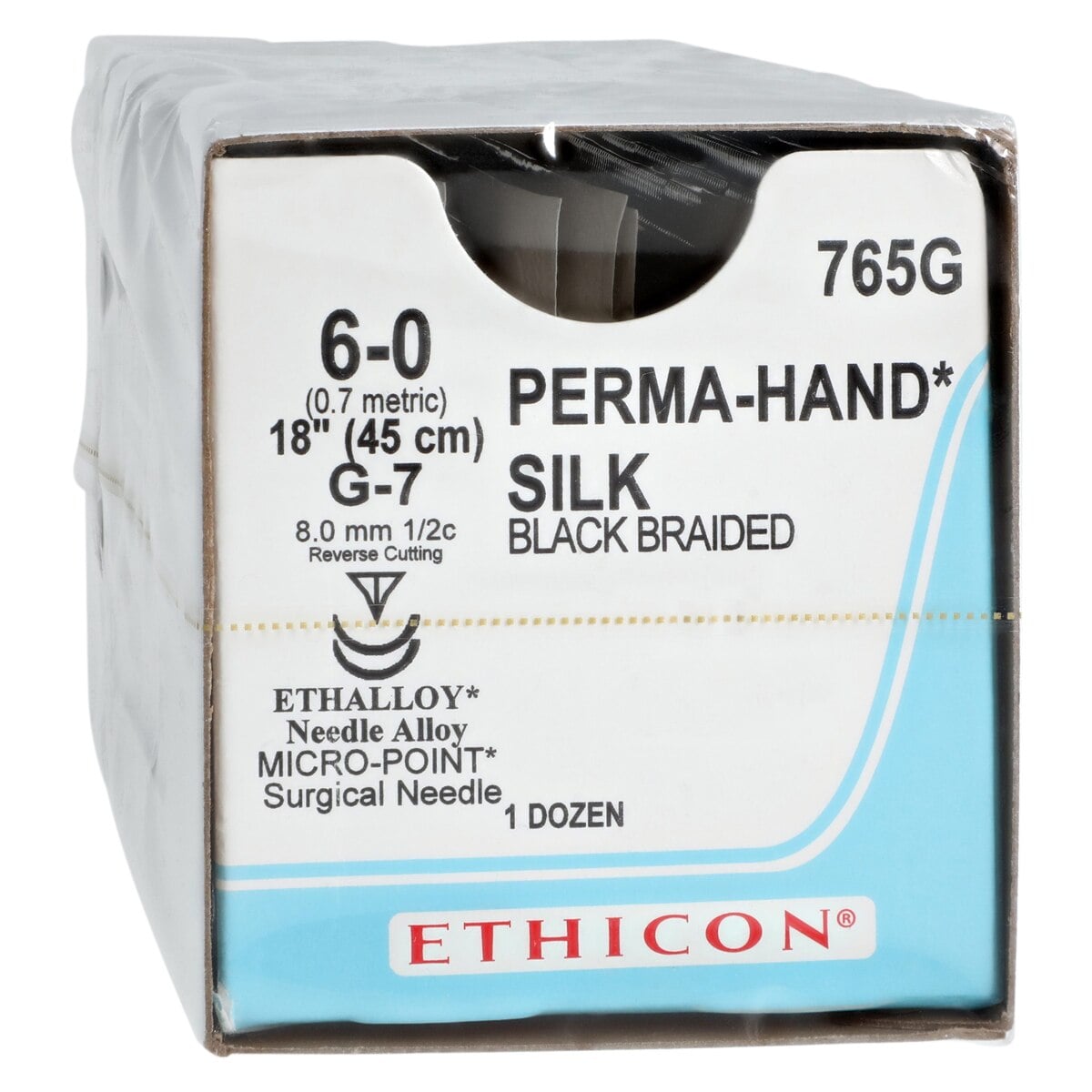 Ethicon Perma-Hand Silk Braided Non-Absorbable Suture, Size 6-0, 18" Black, G-7 Reverse Cutting 1/2 Circle Needle, 12/Box