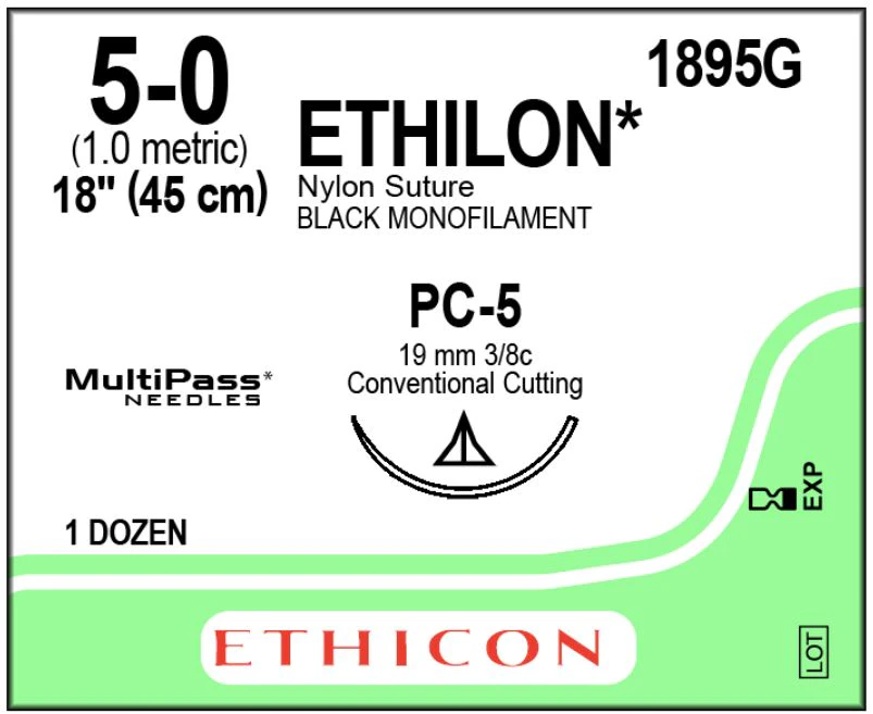 Ethicon Ethilon Nylon Suture, 5-0, 18", Black Monofilament, PC-5 Prime Conventional Cutting Needle, 3/8 Circle, 12/Box, 1895G