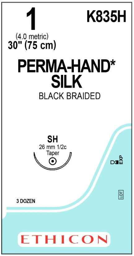 Ethicon Perma-Hand Silk Braided Non-Absorbable Suture, Size 1, 30 in, Black, SH Taper Point 1/2 Circle Needle 26mm, 36/Box