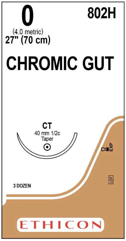 Ethicon Chromic Gut Surgical Suture, Size 0, 27" CT-1 Taper Point 1/2 Circle Needle, 36/Bx, 802H