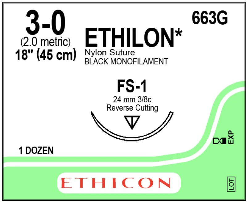 Ethicon Ethilon Nylon Non-Absorbable Suture, 3-0, 18", Black Monofilament, FS-1 Reverse Cutting Needle, 3/8 Circle, 12/Box, 663G
