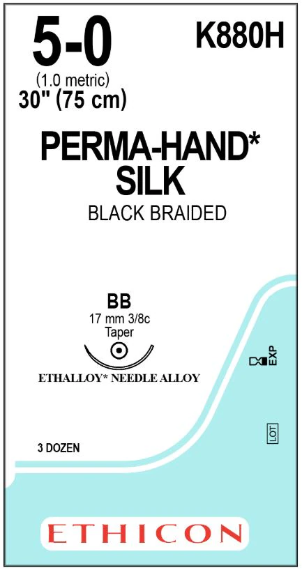 Ethicon Perma-Hand Silk Braided Non-Absorbable Suture, Size 5-0, 30 in, Black, BB Taper Point Needle, 3/8 Circle, 17mm, 36/Box