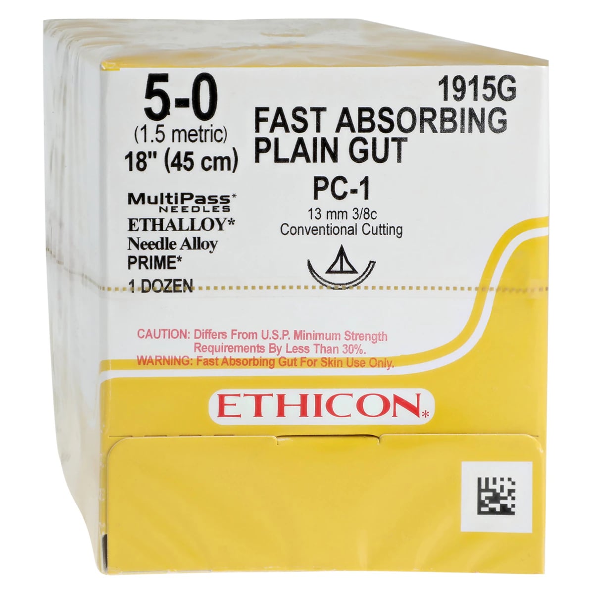 Ethicon Surgical Gut Suture, Plain, 5-0, 18", Fast Absorbing, PC-1 Conventional Cutting Needle, 3/8 Circle, 13mm, Yellowish Tan, 12/Box, 1915G
