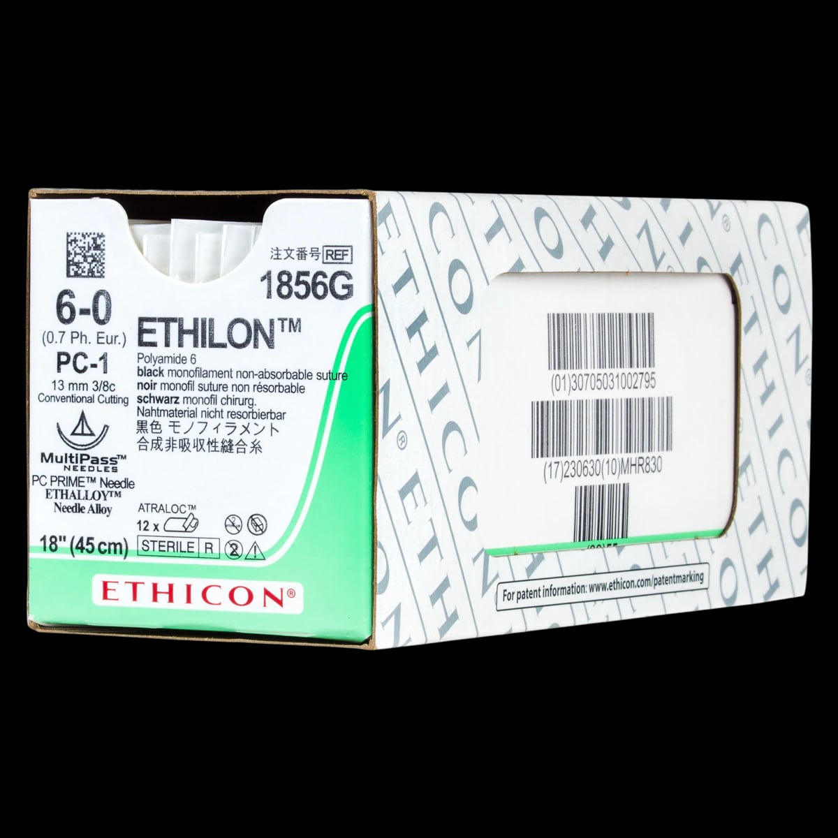 Ethicon Ethilon Nylon Suture, 6-0, 18", Black Monofilament, PC-1 Prime Conventional Cutting Needle, 3/8 Circle, 12/Box, 1856G