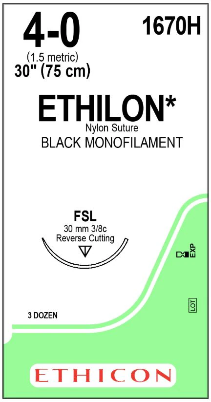 Ethilon Nylon Monofilament Non-Absorbable Suture, Size 4-0, 30 in, Black, FSL Reverse Cutting 3/8 Circle Needle, 36/Box