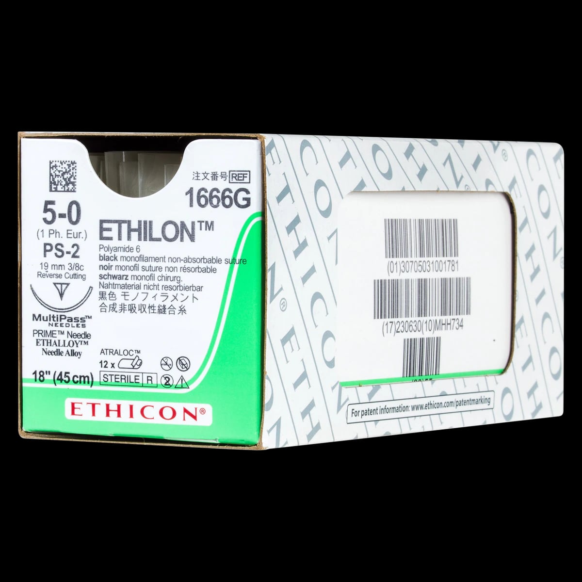 Ethicon Ethilon Nylon Suture, 5-0, 18" Black Monofilament, PS-2 Precision Point Reverse Cutting Needle, 3/8 Circle, 12/Bx, 1666G