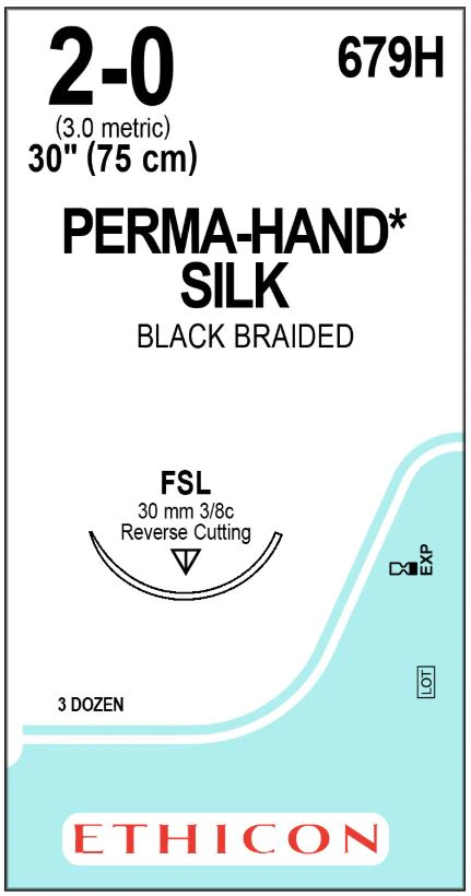 Perma-Hand Silk Braided Non-Absorbable Suture, Size 2-0, 30", FSL Reverse Cutting 3/8 Circle Needle, Black, 36/Box, 679H