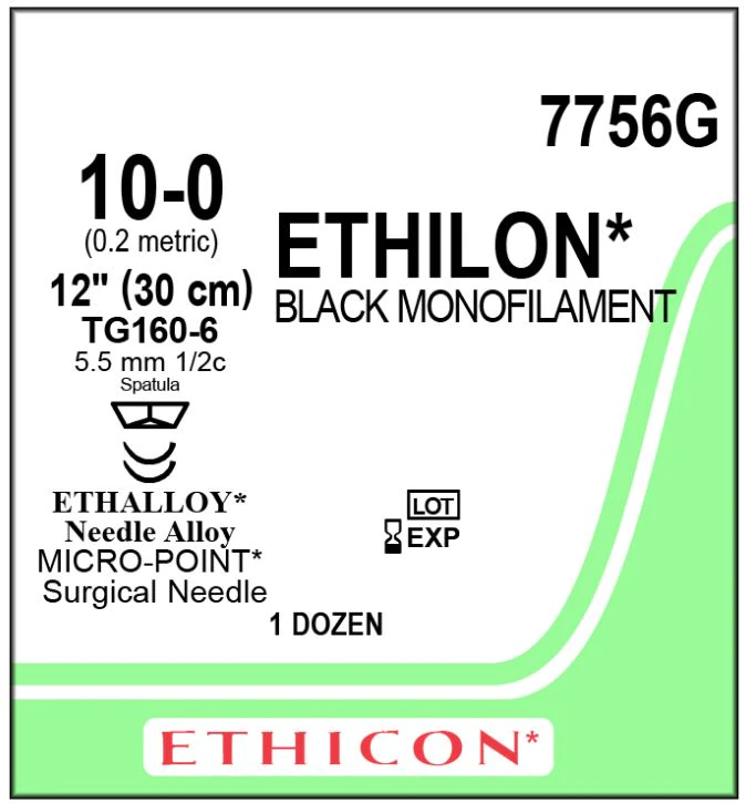 Ethilon Nylon Monofilament Non-Absorbable Suture, Size 10-0, Black, TG160-6 Cutting Edge Spatula Reverse 1/2 Circle Needle, 12" Length, 12/Box