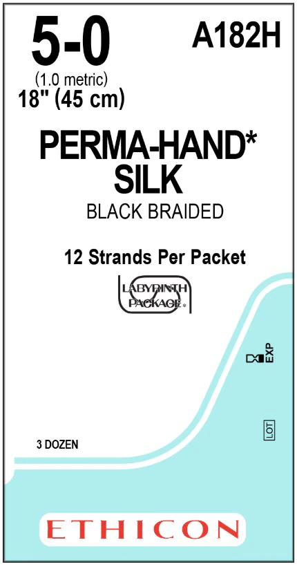 Ethicon PERMA-HAND Silk Suture, Size 5-0, 12-18", Black Braided, Non-Absorbable, Sutupak Pre-Cut, 36/Box, A182H