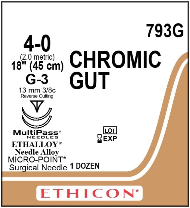 Ethicon Surgical Gut Suture, Chromic, 4-0, 18" Needle, G-3/G-3, 3/8 Circle, Reverse Cutting, 12/Bx, 793G