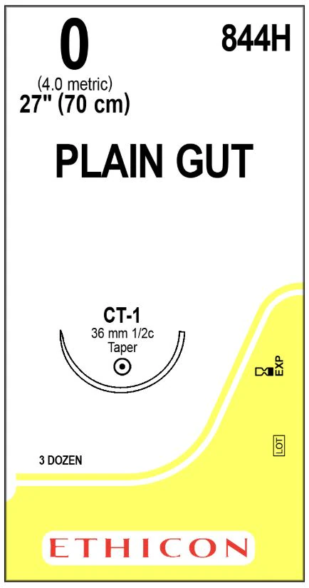 Ethicon Plain Gut Surgical Suture, Size 0, 27", CT-1 Taper Point 1/2 Circle Needle 36mm, 36/Box, 844H