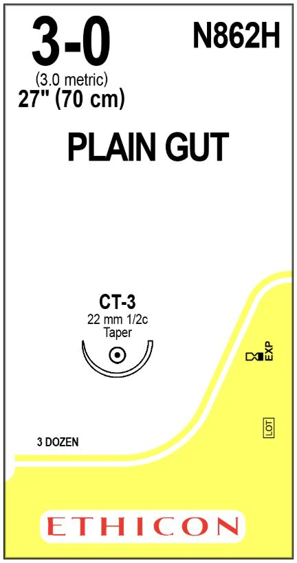 Ethicon Plain Gut Surgical Suture, 3-0, 27", CT-3 Taper Point 1/2 Circle Needle, 36/Box, N862H
