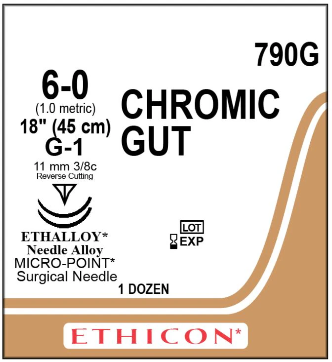 Ethicon Chromic Gut Surgical Suture, 6-0, 18", G-1 Reverse Cutting Needle, 3/8 Circle, 12/Bx, 790G