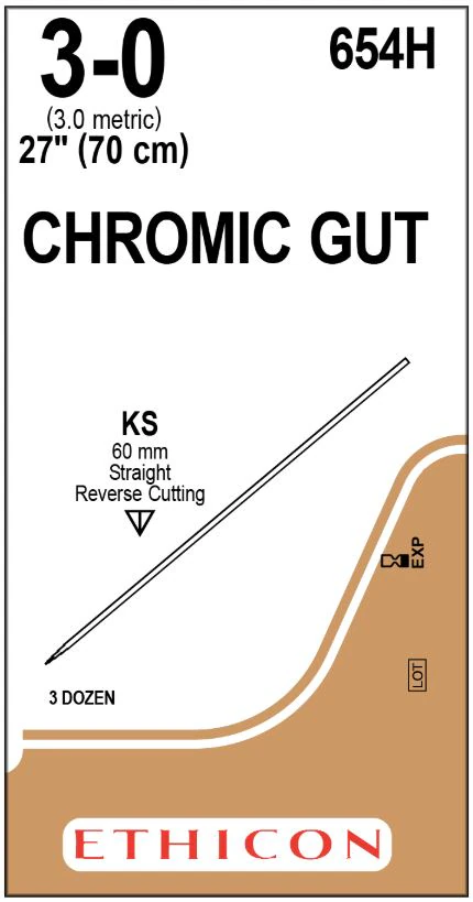 Ethicon Chromic Gut Surgical Suture, 3-0, 27" KS Straight Cutting Needle, Brown, 36/Box, 654H