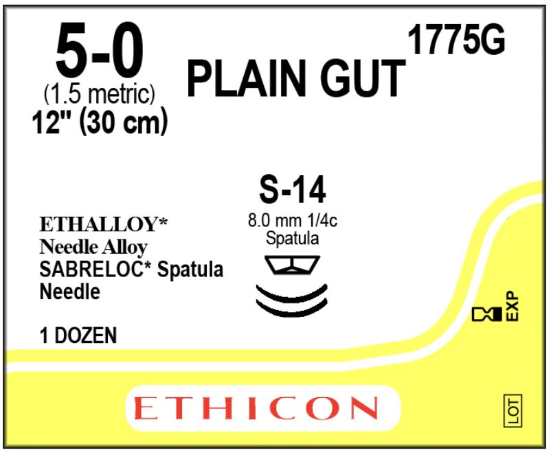 Ethicon Plain Gut Surgical Suture, 5-0, 12" Monofilament, S-14/S-14 Reverse Cutting Spatula Needle, 1/4 Circle, 8mm, Yellowish Tan, 12/Bx, 1775G
