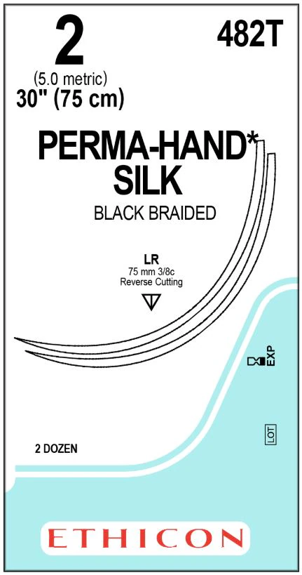 Ethicon Perma-Hand Silk Braided Non-Absorbable Suture, Size 2, 30 in, Reverse Cutting LR/LR Needle, 3/8 Circle, Black, 24/Box