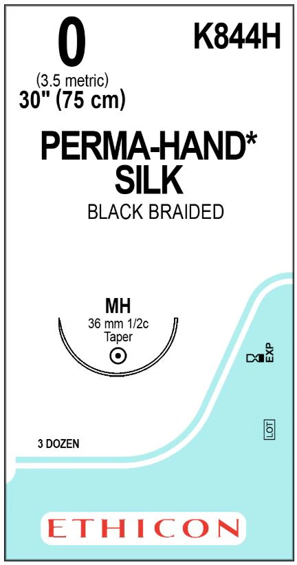 Ethicon Perma-Hand Silk Suture, Size 0, 30 Inch, Black Braided, MH Taper Point 1/2 Circle Needle, Control Release, 36/Box