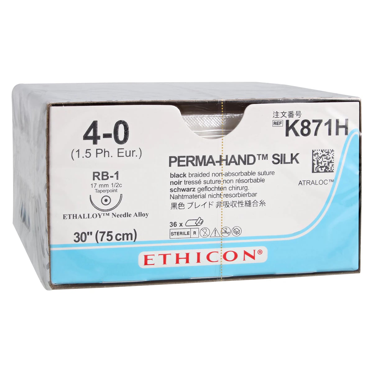 Ethicon Perma-Hand Silk Black Braided Nonabsorbable Suture, 4-0, 30", RB-1 Taper Point 1/2 Circle Needle, 36/Box, K871H