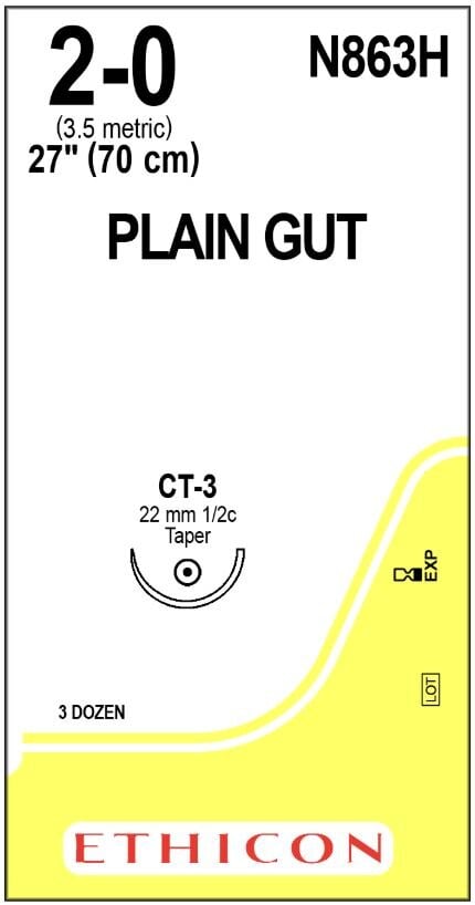 Ethicon Plain Gut Surgical Suture, 2-0, 27", CT-3 Taper Point 1/2 Circle Needle, 36/Box, N863H