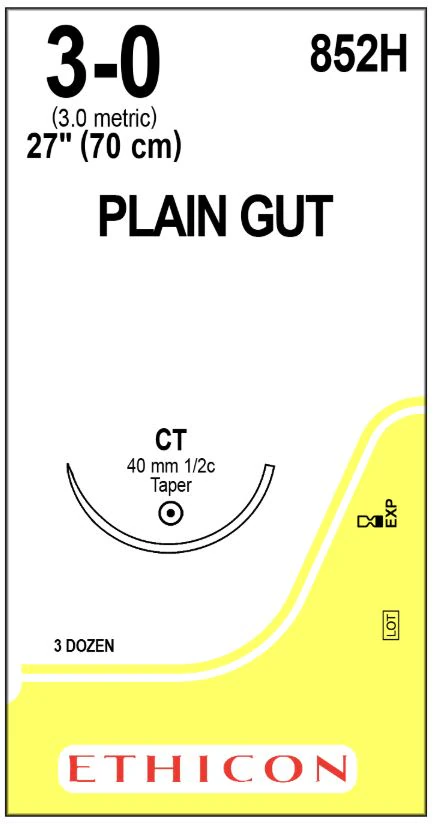 Ethicon Plain Gut Surgical Suture, 3-0, 27", CT Taper Point 1/2 Circle Needle 40mm, 36/Bx, 852H