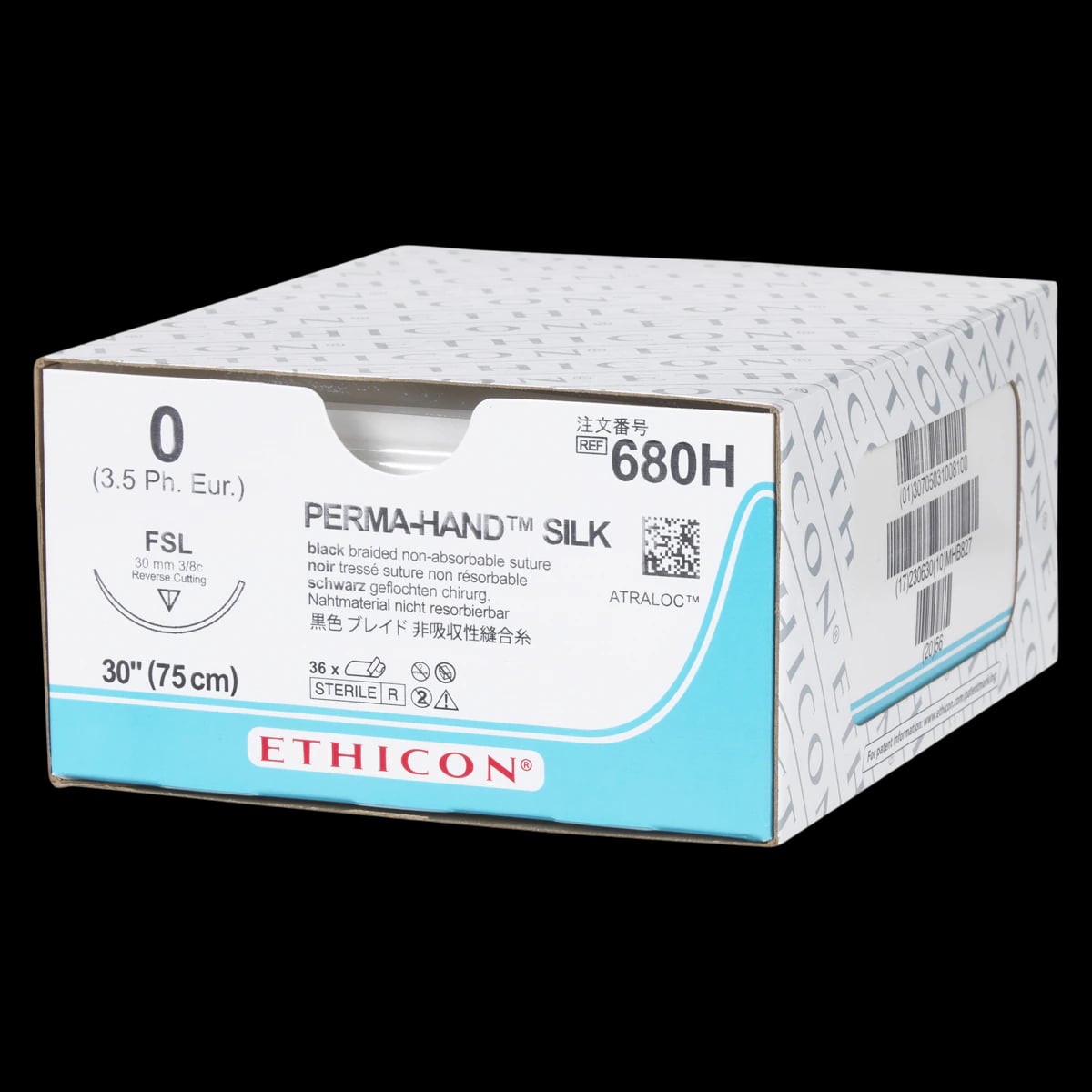 Ethicon Perma-Hand Silk Braided Non-Absorbable Suture, Size 0, 30", Black, FSL Reverse Cutting 3/8 Circle Needle 30mm, 36/Box, 680H