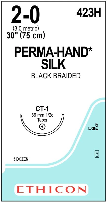 Ethicon Perma-Hand Silk Suture, 2-0, 30", Black, Braided, Non-Absorbable, CT-1 Taper Point 1/2 Circle Needle 36mm, 36/Box, 423H