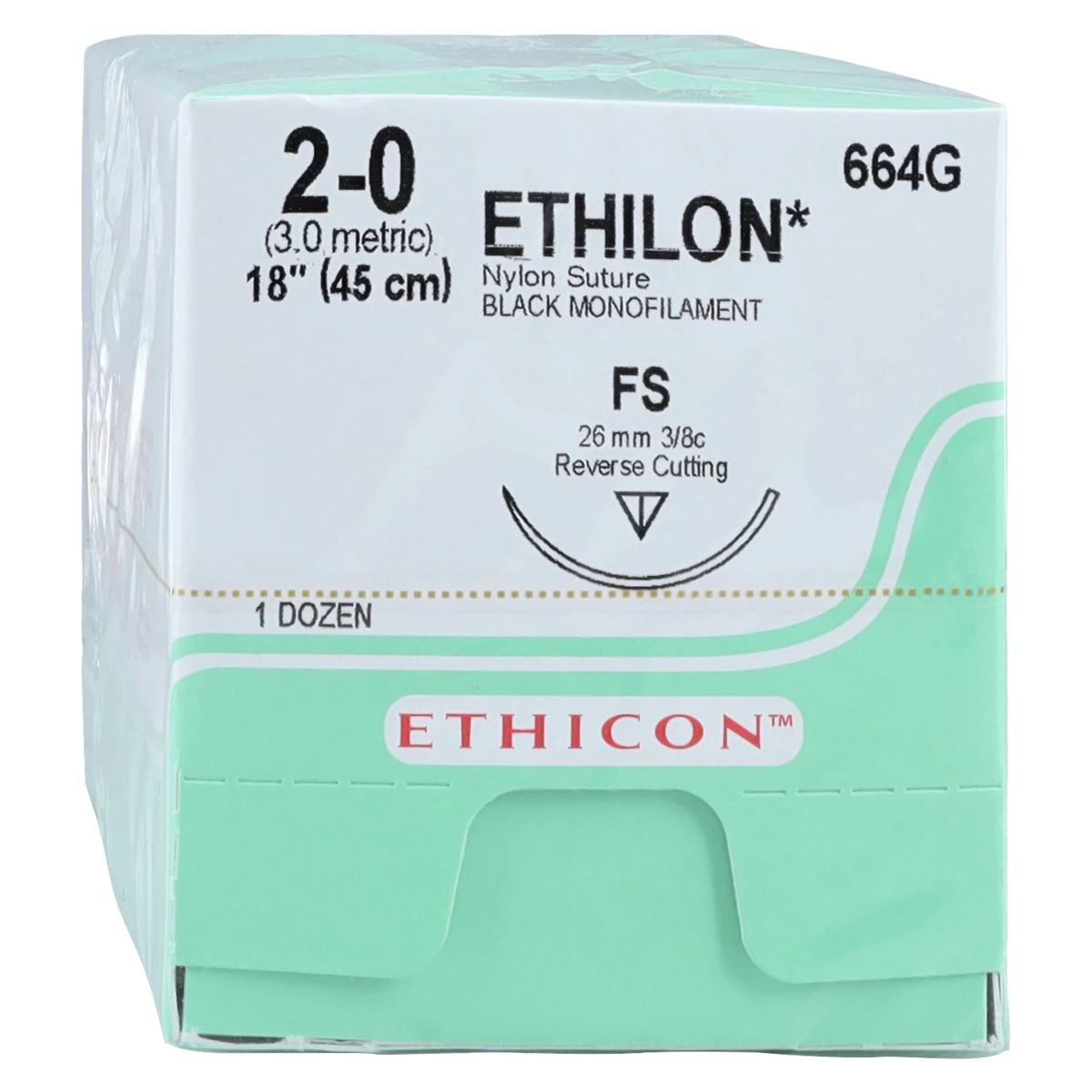Ethilon® Nylon Monofilament Nonabsorbable Suture, 2-0, Black, FS Reverse Cutting 3/8 Circle Needle, 18", 12/Box, 664G