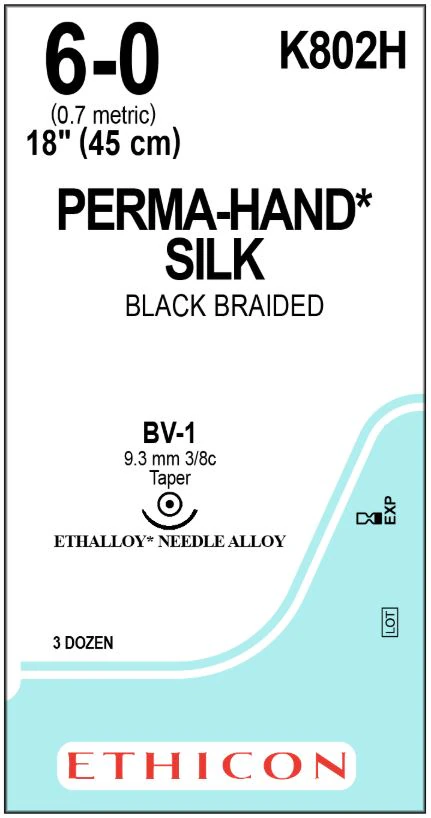 Ethicon Perma-Hand Silk Braided Non-Absorbable Suture, Size 6-0, 18 in, Black, BV-1 Taper Point 3/8 Circle Needle, 36/Box