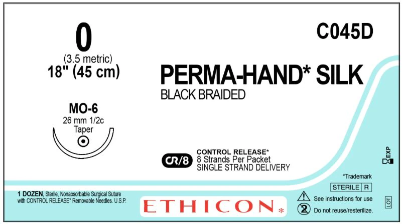 Ethicon Perma-Hand Silk Suture, Size 0, 8-18" Black Braided, MO-6 Taper Point 1/2 Circle Needle, Control Release, Safety Organizer Tray, 12/Bx, C045D