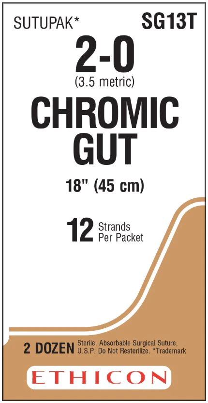 Ethicon Chromic Gut Surgical Suture, 2-0, 18" Pre-Cut, 24/Bx, SG13T