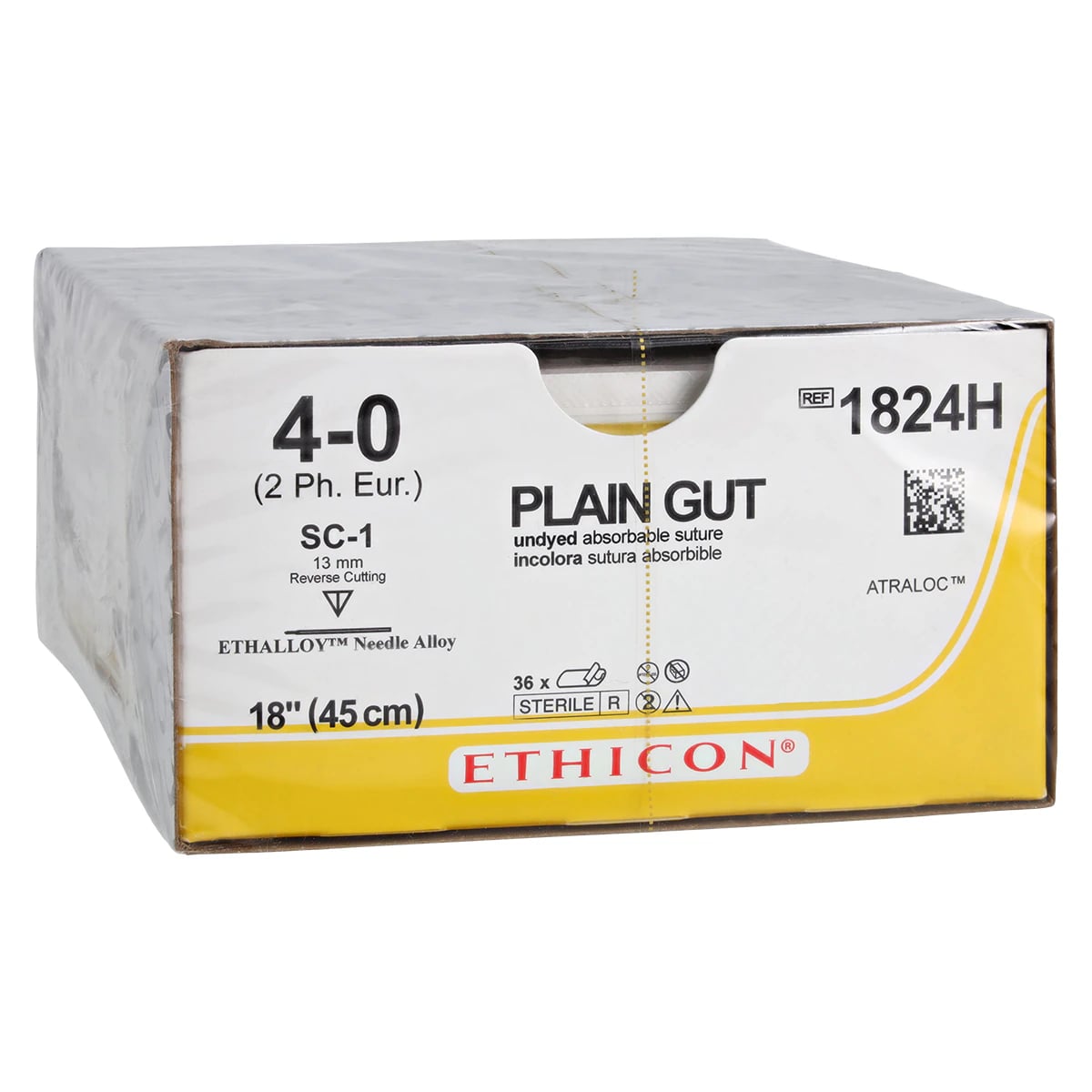 Ethicon Plain Gut Surgical Suture, 4-0, 18", SC-1 Cutting Straight Needle 13mm, Uncoated, Yellowish Tan, 36/Box, 1824H