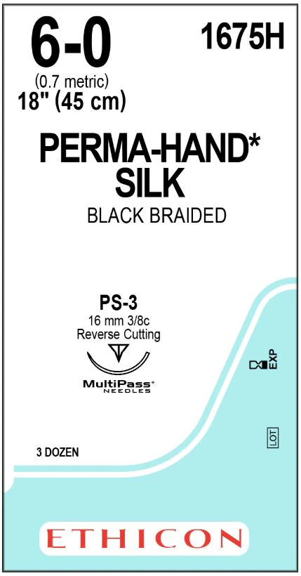 Ethicon Perma-Hand Silk Black Braided Suture, Non-Absorbable, 6-0, 18", PS-3 Reverse Cutting Needle, 3/8 Circle, 36/Box, 1675H