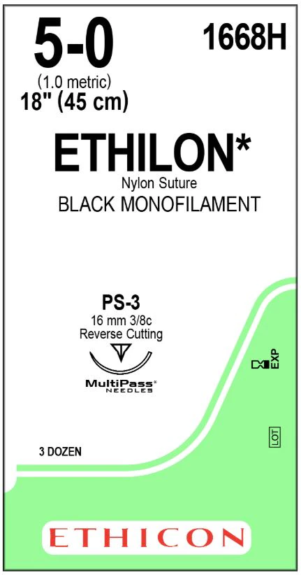 ETHILON Nylon Monofilament Nonabsorbable Suture, Size 5-0, Black, 18", PS-3 Precision Point Reverse Cutting Needle, 3/8 Circle, 36/Box