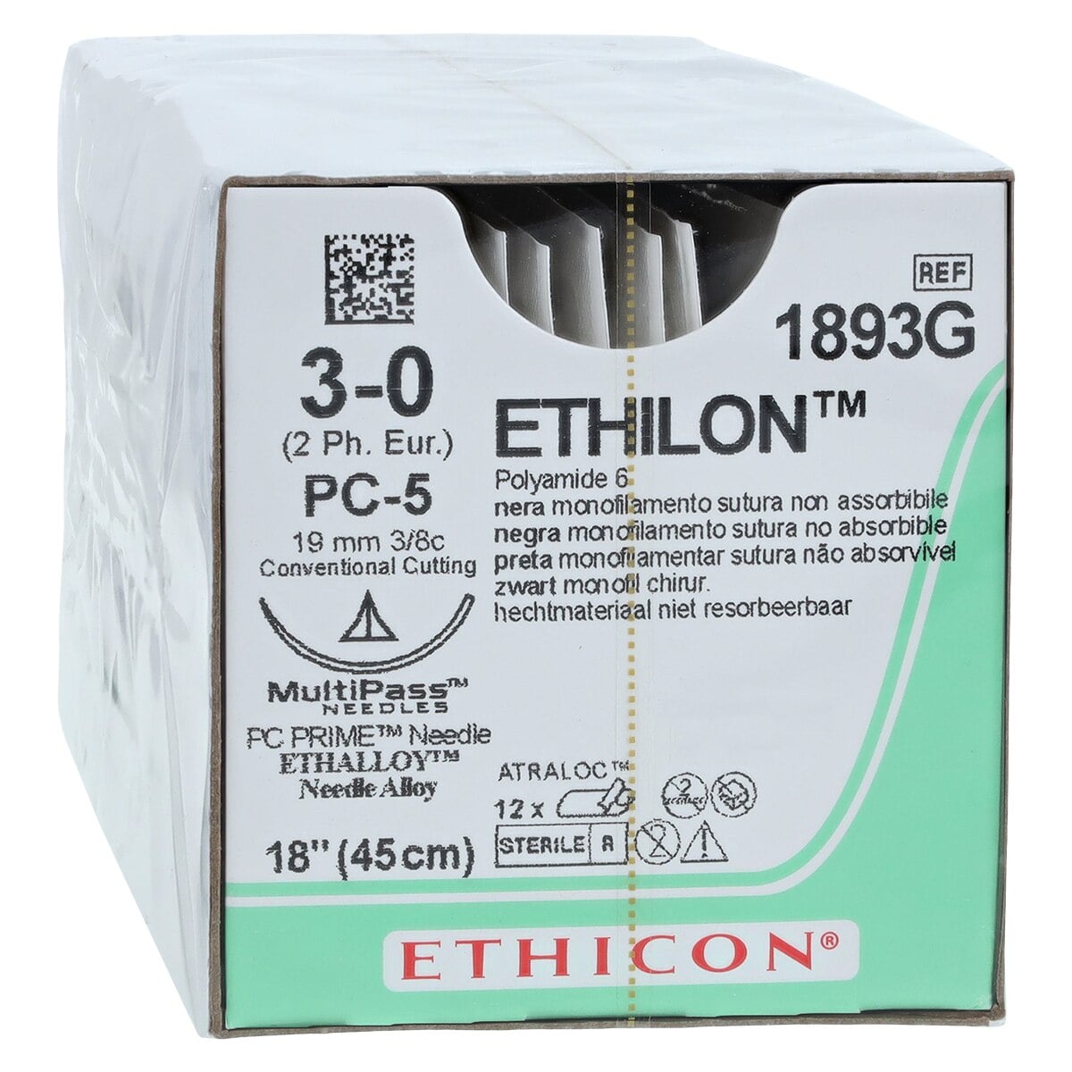 Ethicon Ethilon Nylon Suture, 3-0, 18", Black Monofilament, PC-5 Needle, 3/8 Circle, 12/Box, 1893G