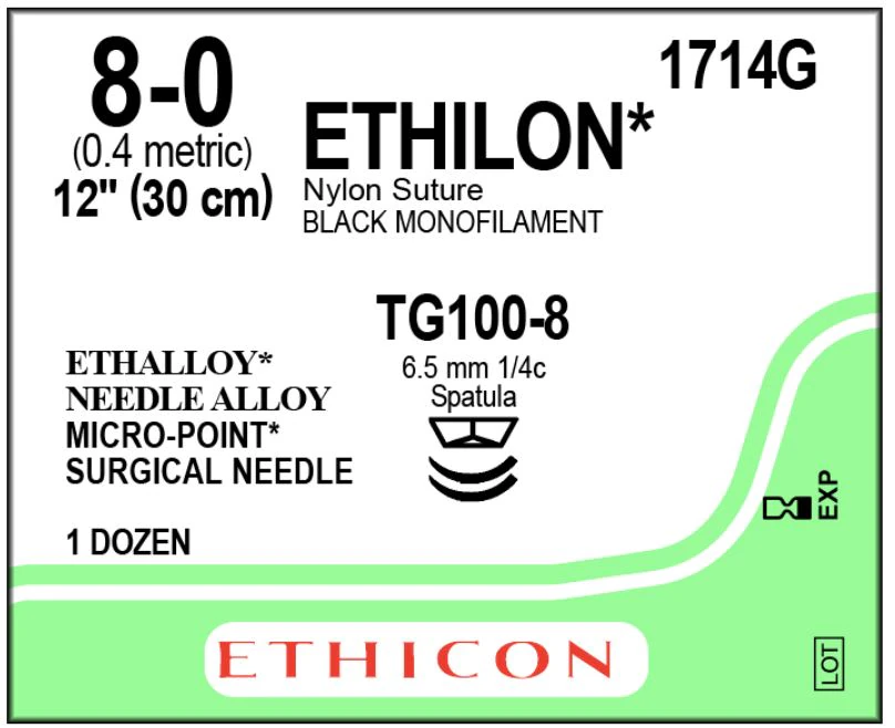 Ethicon Ethilon Nylon Suture, 8-0, Black Monofilament, TG100-8 Micropoint Spatula Needle, 12" (30 cm), 12/Box, 1714G