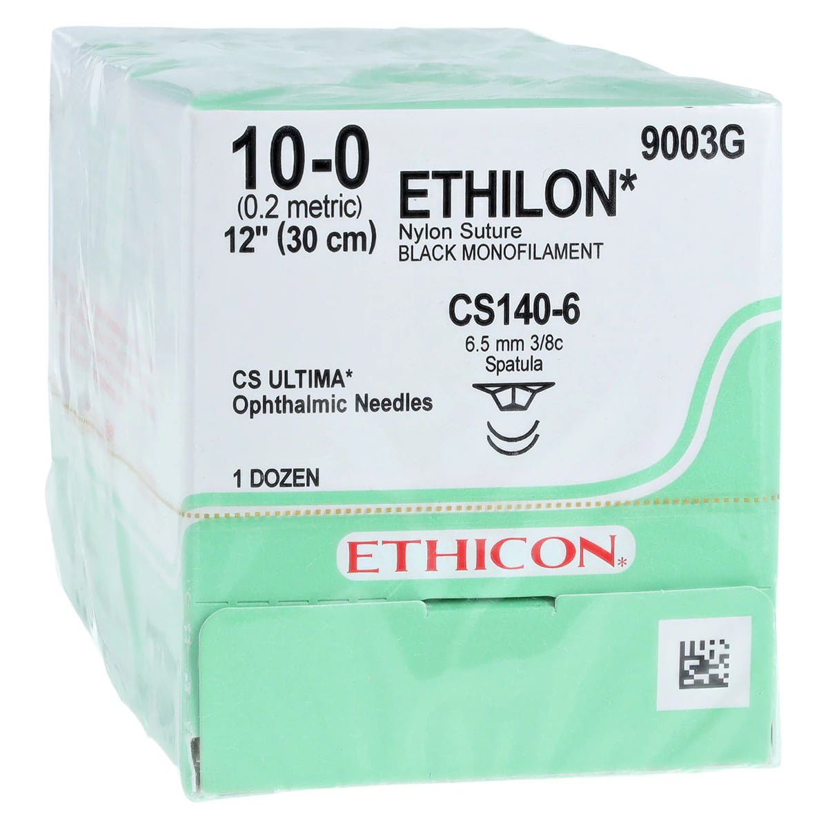 Ethicon Ethilon Nylon Suture, 10-0, Black Monofilament, CS140-6 Ultima Spatula Needle, 3/8 Circle, 12" Length, 12/Box, 9003G