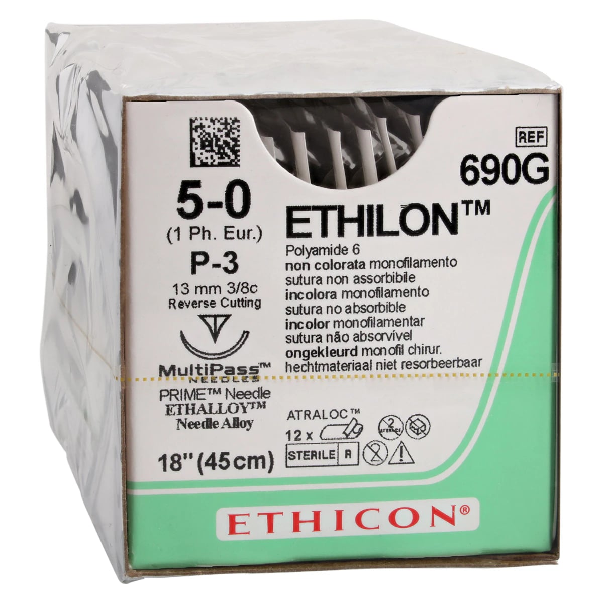 Ethilon Nylon Monofilament Non-Absorbable Suture, 5-0, 18 in, Clear/Undyed, P-3 Precision Point Reverse Cutting 3/8 Circle 13mm Needle, 12/Box