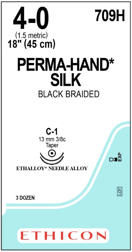 Ethicon Perma-Hand Silk Suture, 4-0, 18", Black, Braided, Non-Absorbable, C-1 Taper Point 3/8 Circle Needle 13mm, 36/Box