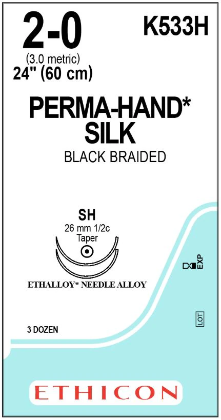 Ethicon Perma-Hand Silk Suture, 2-0, 24" Black Braided, SH/SH Taper Point 1/2 Circle Needle 26mm, 3 Dz/Bx