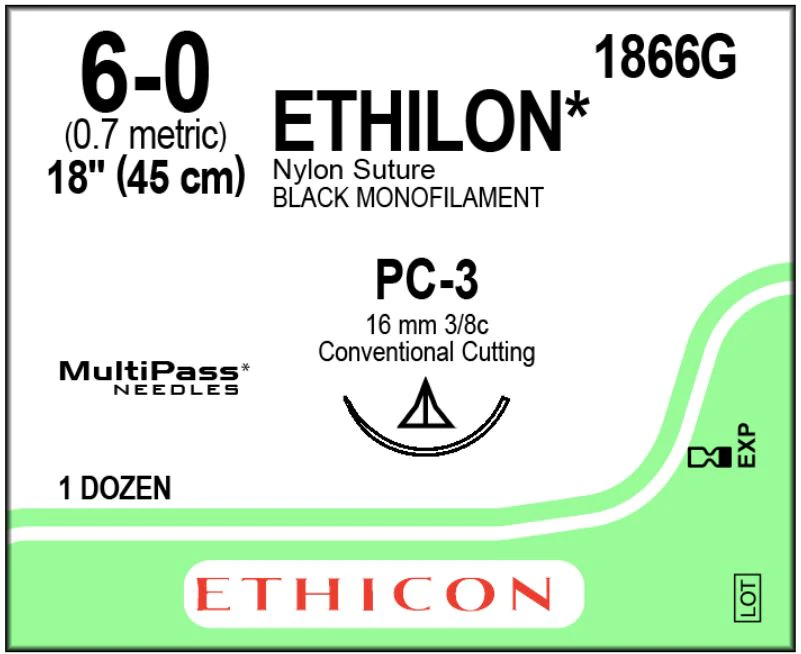 ETHICON Ethilon Nylon Suture, 6-0, 18", Black, Monofilament, Non-Absorbable, PC-3 Cutting Needle, 3/8 Circle, 16mm, 12/Bx, 1866G