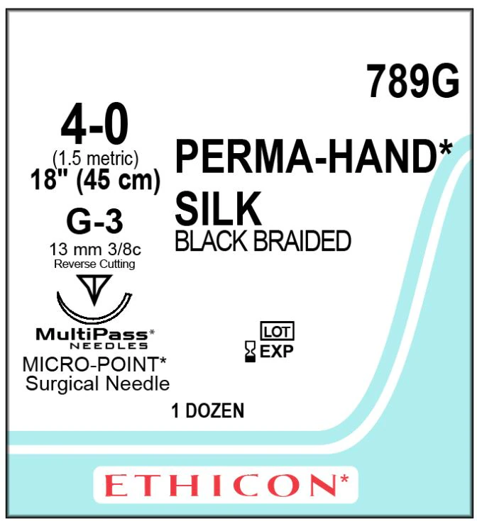 Ethicon Perma-Hand Silk Braided Non-Absorbable Suture, Size 4-0, 18", G-3 Reverse Cutting Needle, 3/8 Circle, Black, 12/Box, 789G