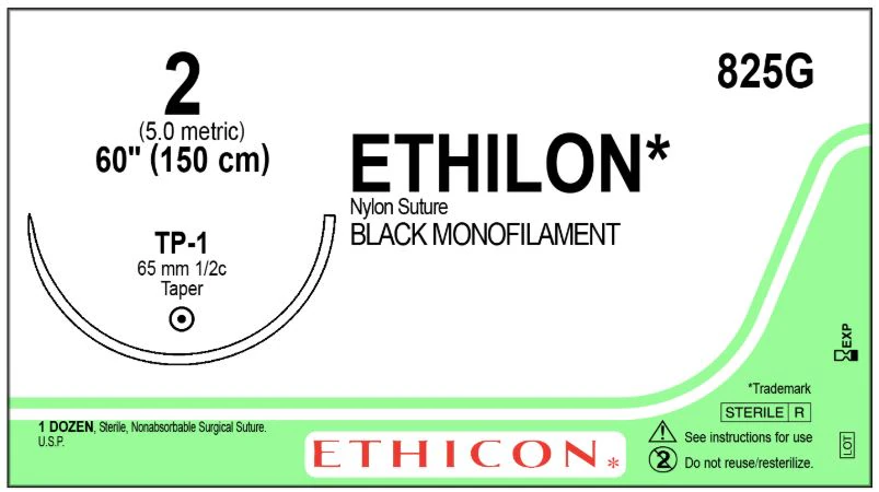 Ethicon Ethilon Nylon Suture, Size 2, 60", Black Monofilament, TP-1 Taper Point Needle, 1/2 Circle, 12/Box, 825G