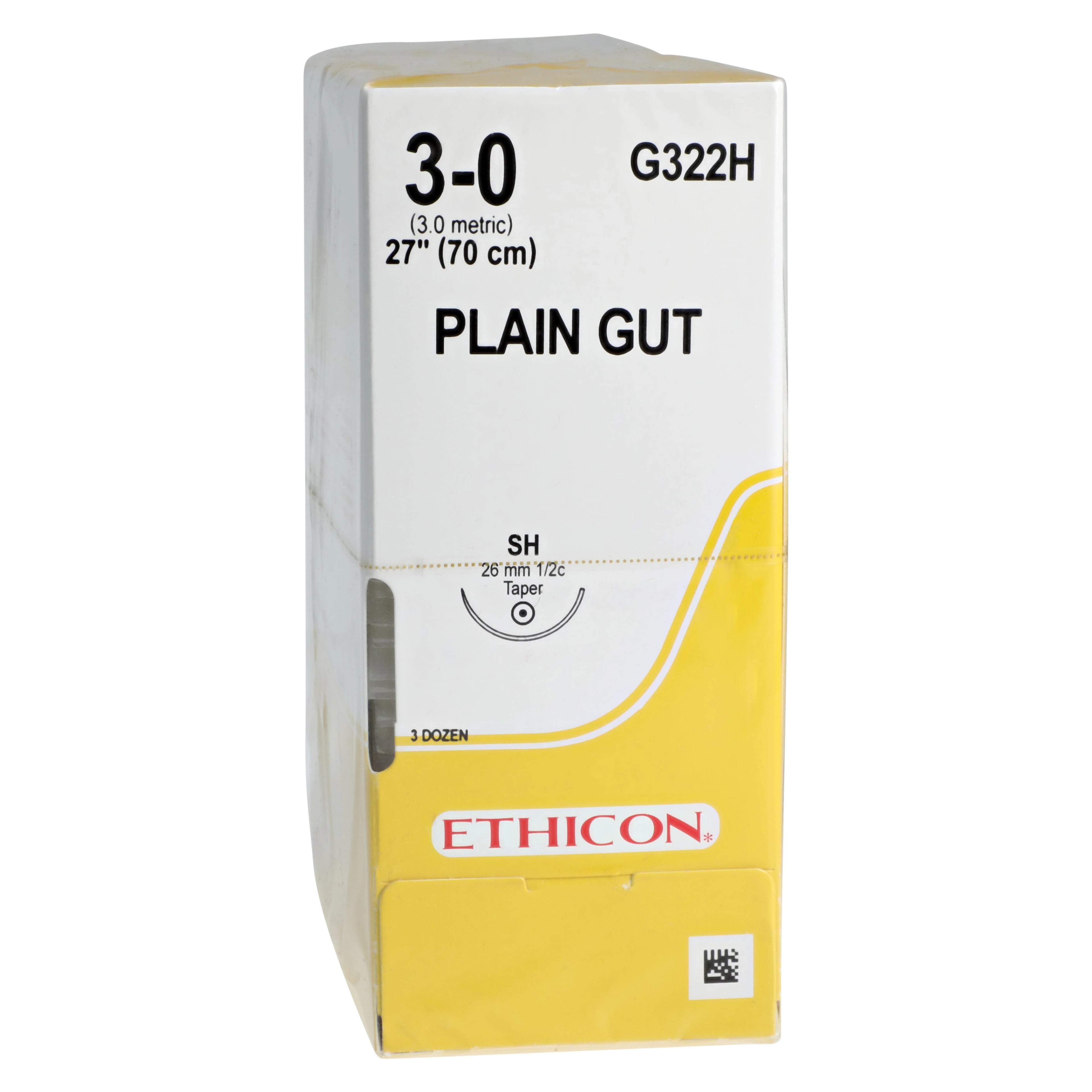 Plain Gut Monofilament Suture, 3-0, 27", SH Taper Point 1/2 Circle Needle 26mm, Uncoated, Yellowish Tan, 36/Box