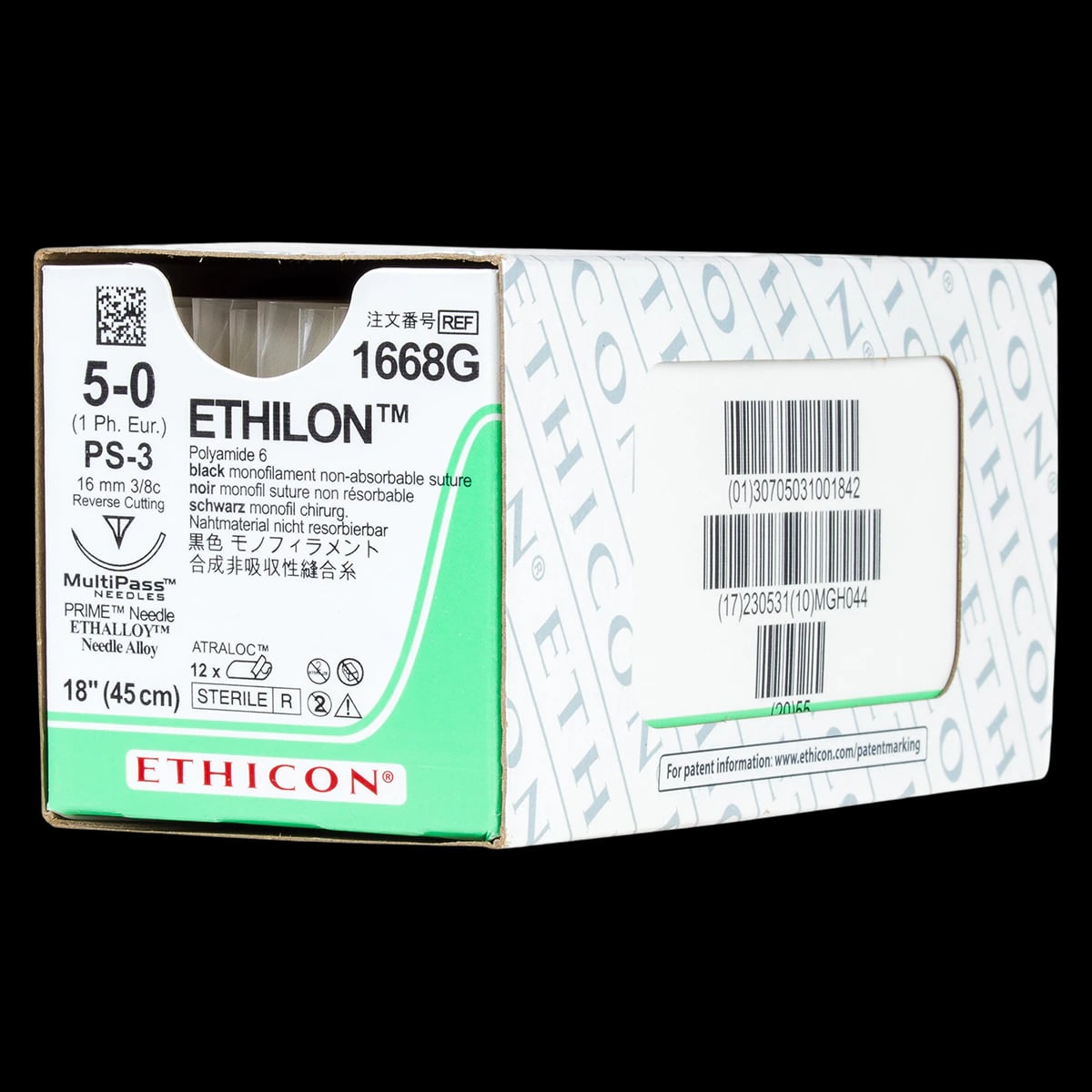 Ethicon Ethilon Nylon Monofilament Non-Absorbable Suture, 5-0, 18", PS-3 Reverse Cutting 3/8 Circle Needle, Black, 12/Box, 1668G