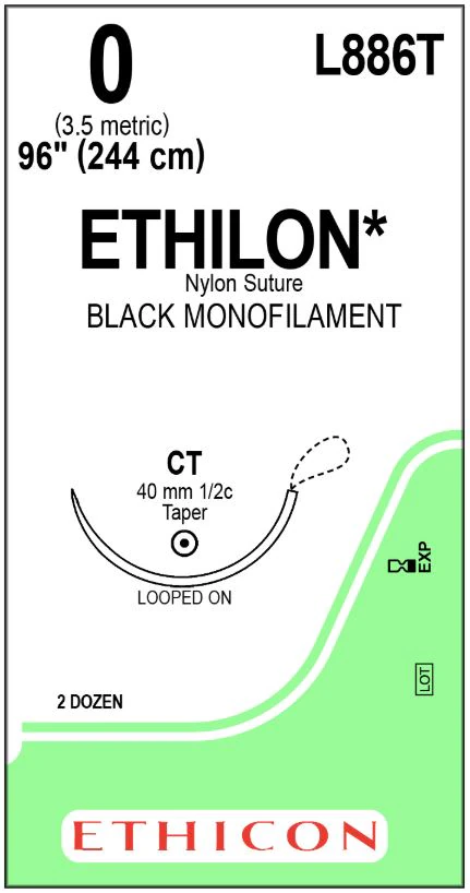 Ethicon Ethilon Nylon Monofilament Suture, Size 0, Black, 48" Loop, CT Taper Point Needle, 1/2 Circle, 24/Box, L886T