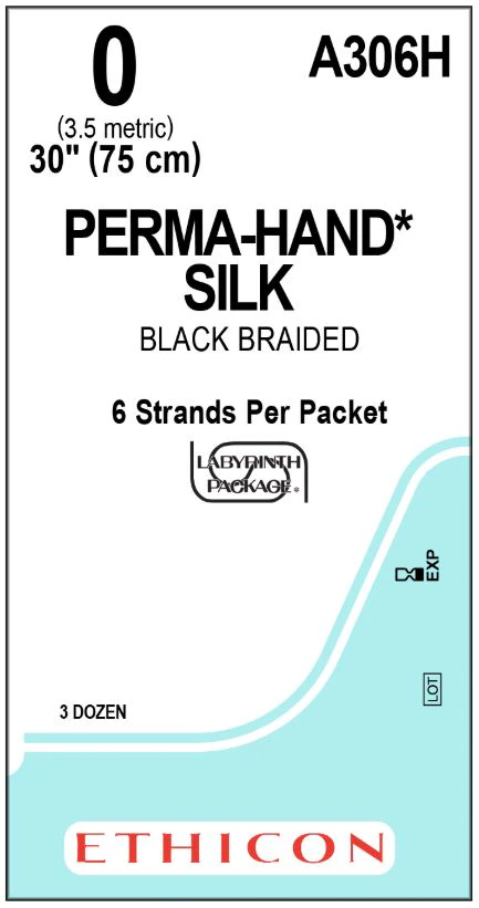 Ethicon PERMA-HAND Braided Silk Suture, Size 0, 6-30", Black, Non-Absorbable, Sutupak Pre-Cut, 36/Box, A306H